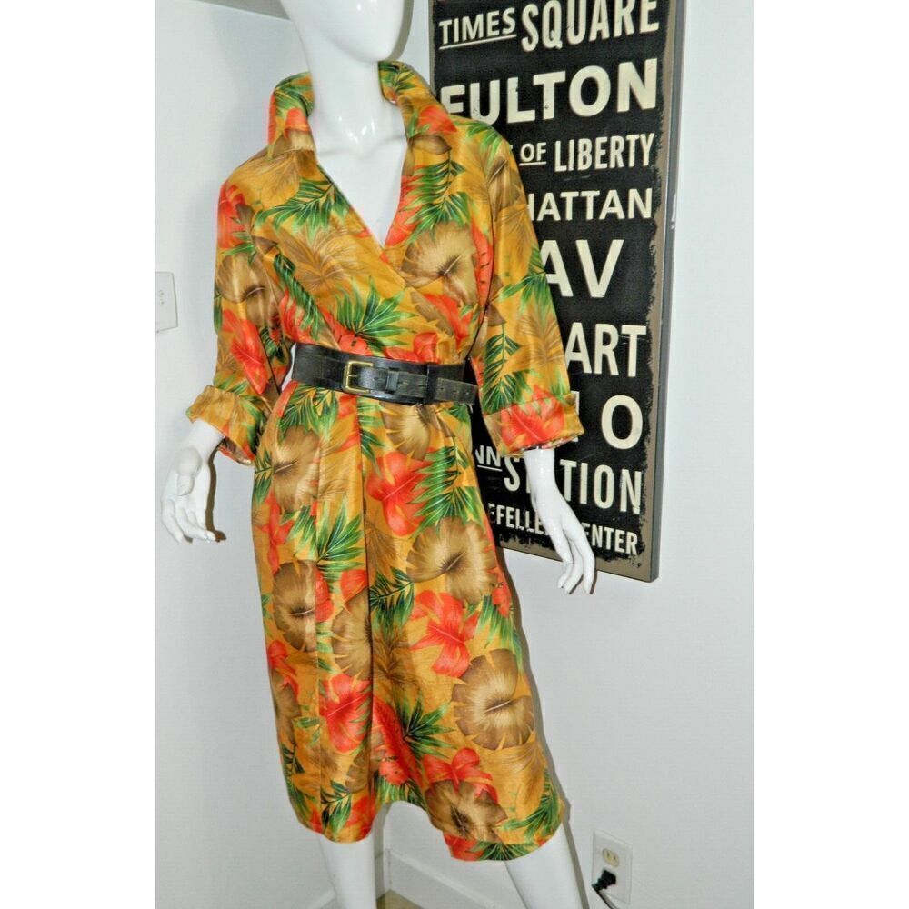 Street Fashion Wrap Dress Plus Size 1X Vintage Asian Satin‎ Gold Yellow Green